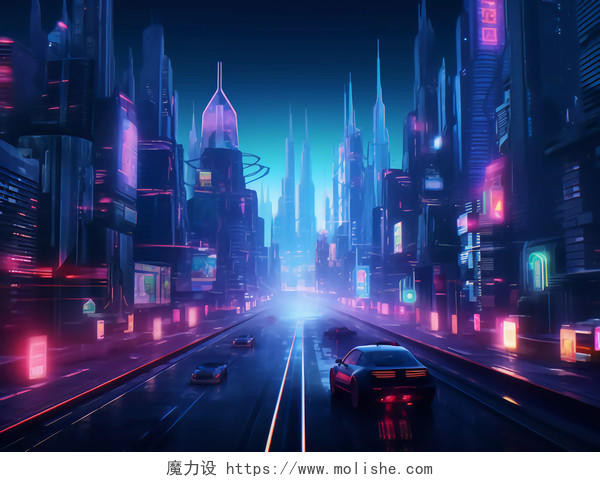 未来科技城市夜景街道霓虹灯光场景